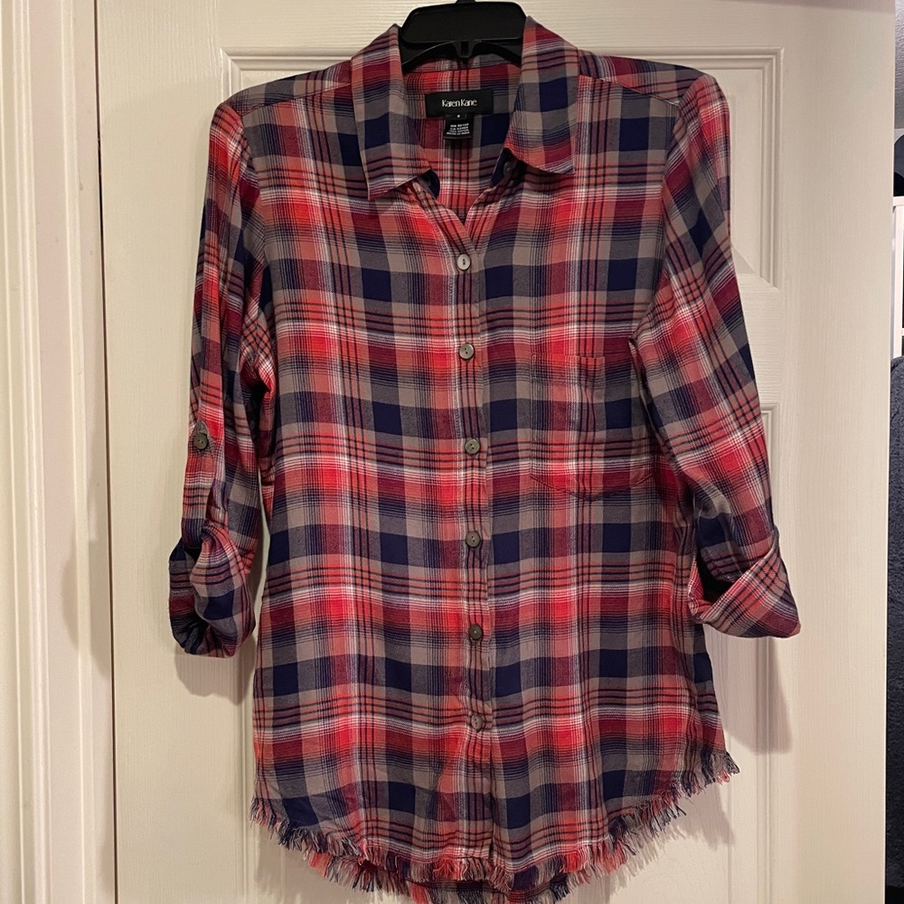 Karen Kane Plaid Fringe Blouse
